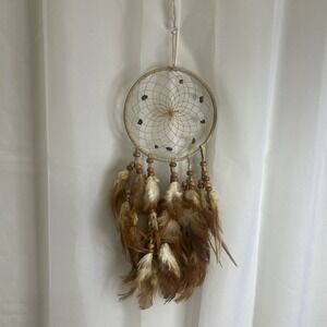 Boho Dreamcatcher Wall Hanging with Feathers & Beads – Tan Brown Décor